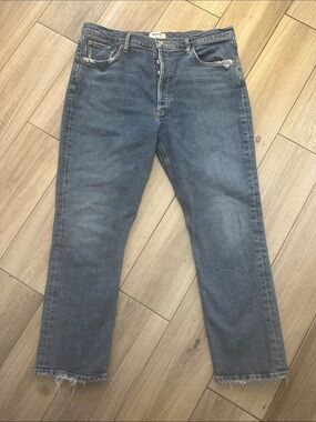 Agolde Women’s Medium Blue Straight Jeans with Frayed Hem